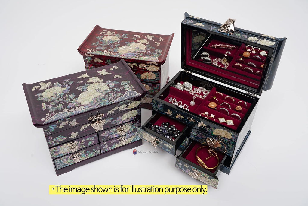 February Mountain Mother of Pearl Wooden Jewelry Organizer Box – Jewelry Storage Box for Women, Features Spacious Drawers, Ideal for Rings, Bracelets, Watches, Chains, Accessories (Peony_Blue)