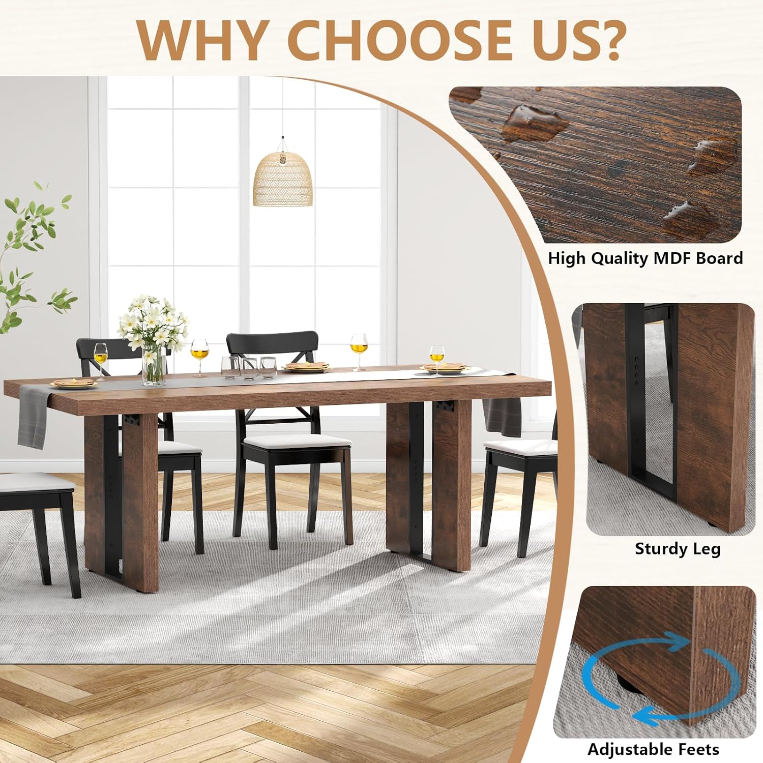 Loomie 70.8 Inch Dining Table, Rustic Farmhouse Kitchen Table for 6-8 People, Large Dinning Room Furniture Rectangle Dinner Table for Living Room, Apartment, Home Office, Rustic
