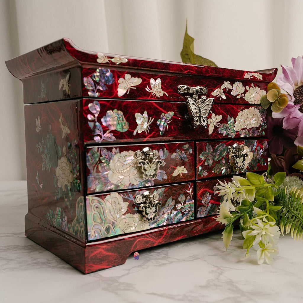 February Mountain Mother of Pearl Wooden Jewelry Organizer Box – Jewelry Storage Box for Women, Features Spacious Drawers, Ideal for Rings, Bracelets, Watches, Chains, Accessories