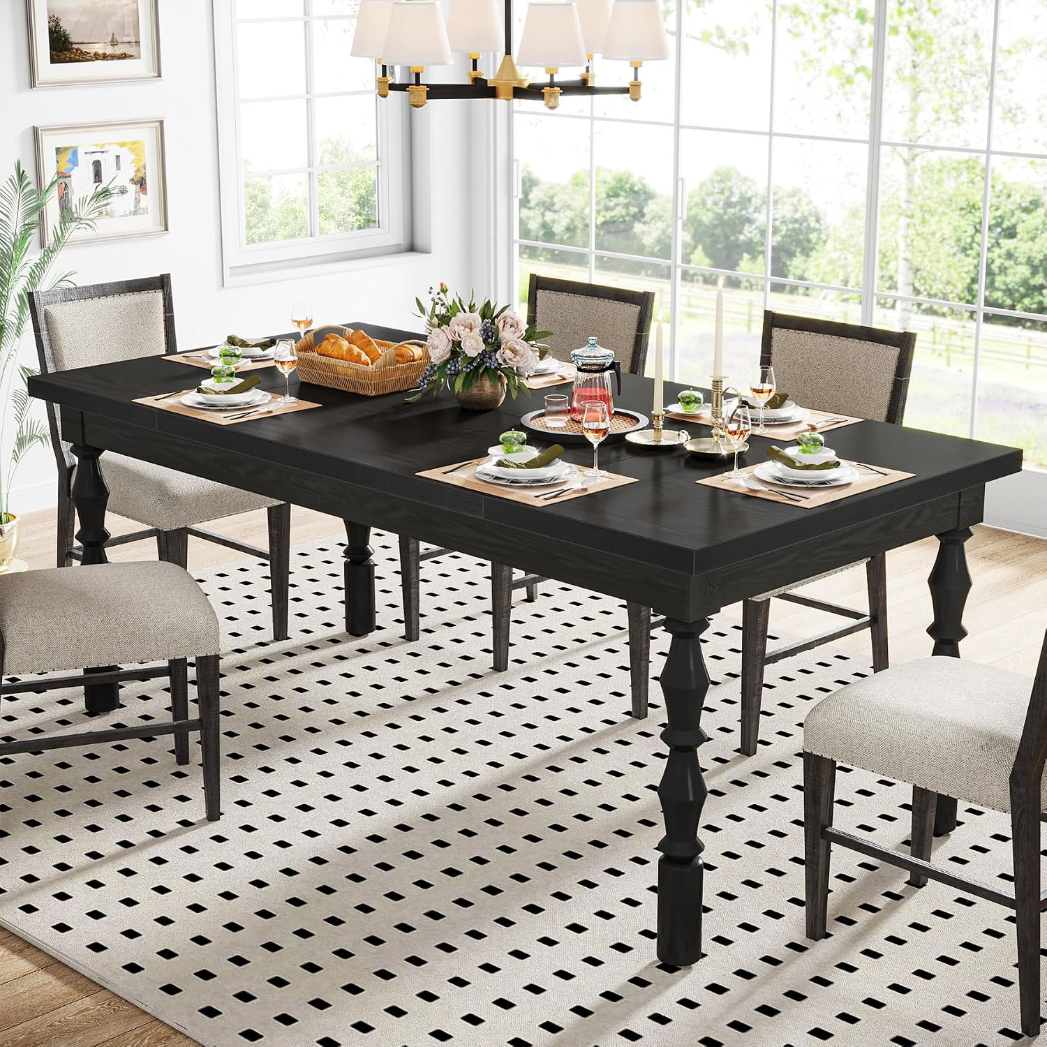 Tribesigns Wood Black Dining Table for 4-6 People, 62' Farmhouse Large Rectangle Kitchen Table, Modern Dinner Table Kitchen & Dining Room Furniture with Carved Turned Legs