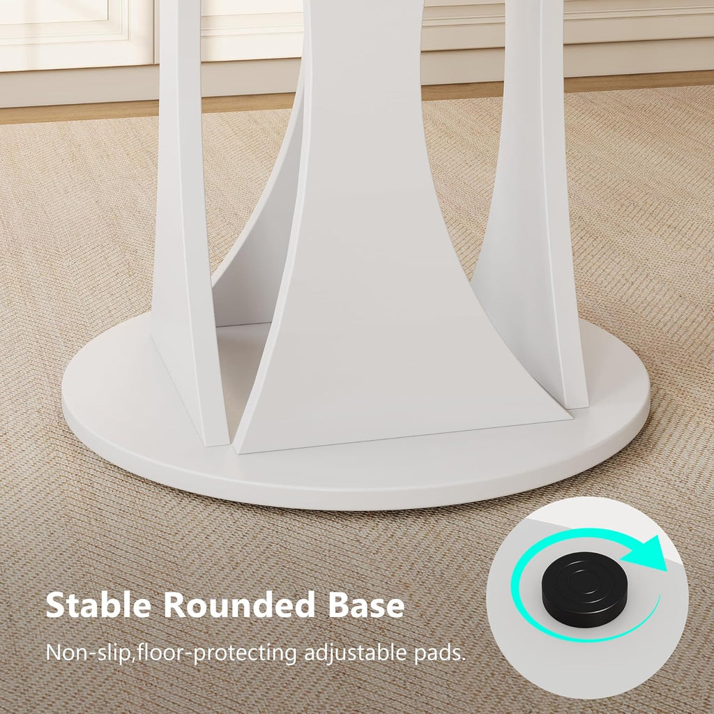 Einhomn Round Dining Table for 4-6, Kitchen Table with Sturdy Double Arc & Rounded Base & Backboard Clasp Desktop, Mid-Century Modern Circle Dinner Table for Dining Living Room, Space Saving, White