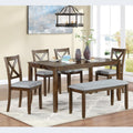 KEIKI 6-Piece Standard Height Dining Table Set with Rectangular Table, 4 Upholstered X-Shaped Backrset Chair, Bench, for 6 Person, Modern Table Set, Easy Assembly, for Kitchen, Dining Room, Walnut