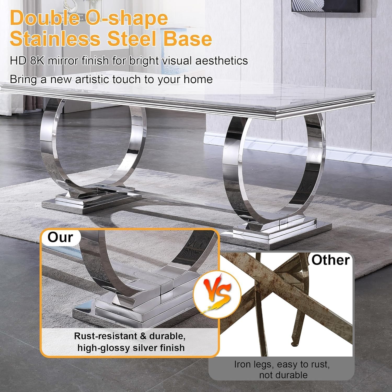 68' White Marble Dining Table for 6-8, Mid Century Modern Dining Table with Faux Marble Top & Silver O Shape Stainless Steel Base,Large Luxury Rectangular Dinner Table for Kitchen Dining Room