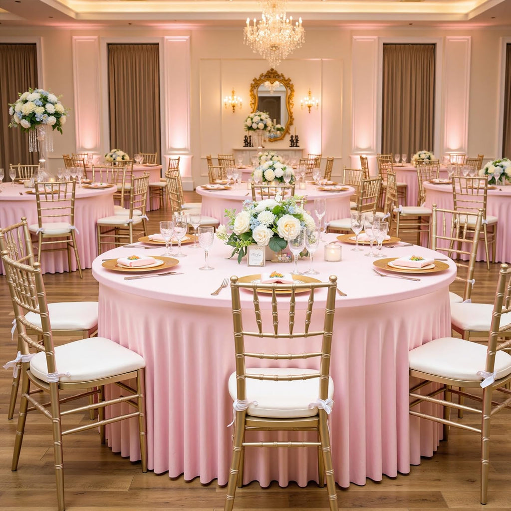 8 Pack Baby Pink Spandex Round Tablecloths for 72 inch Table, Wrinkle Free 132inch Stretchy Fitted 6FT Round Table Cloths Cover with Skirt for Wedding Party Dining Banquet Events