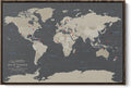 Earth Tone World Map with Pins – Personalized Canvas Push Pin Map – Framed World Travel Wall Decor – Brown Float Frame – 24' x 36'