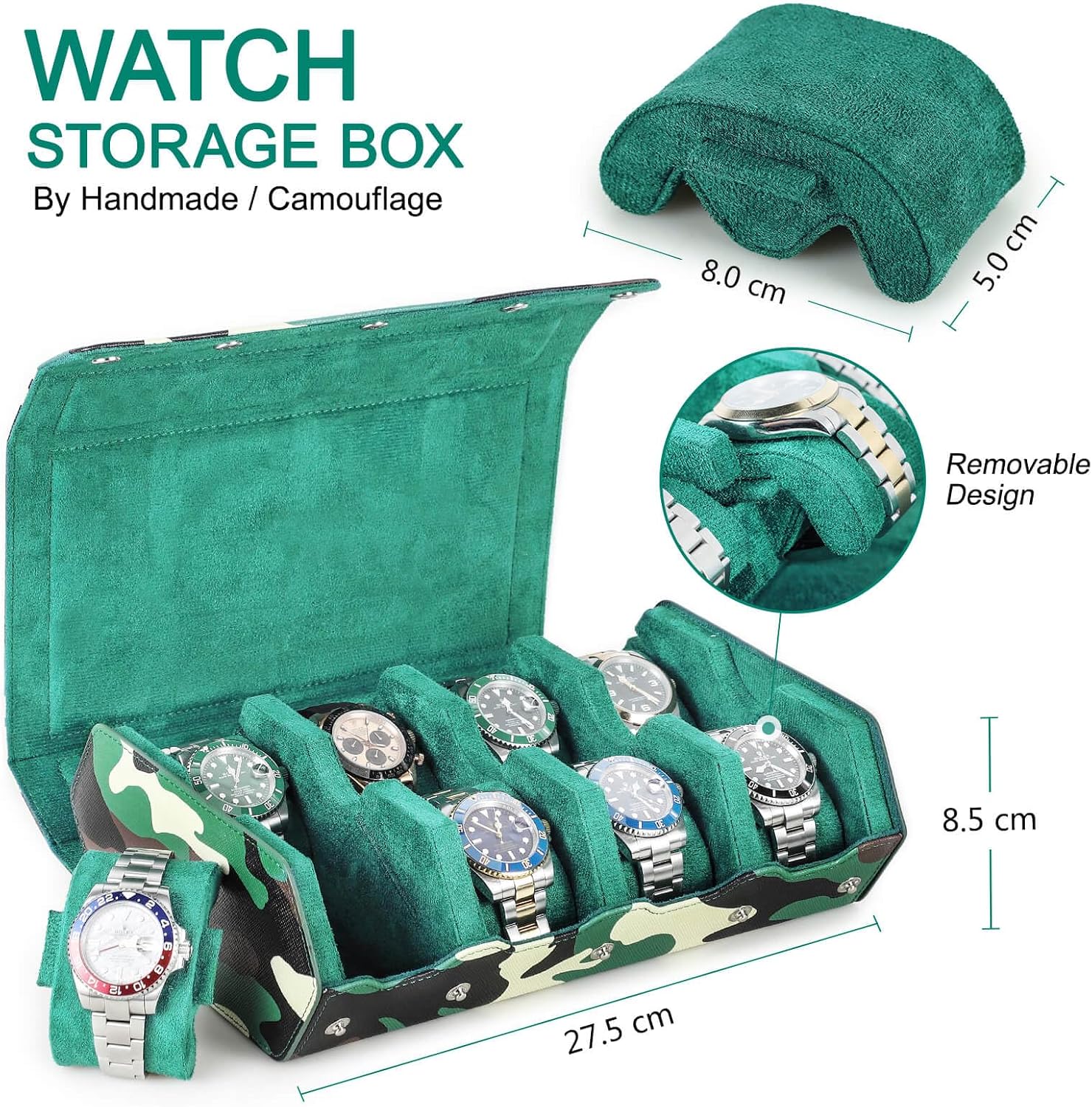 Hiram Genuine Leather Hexagon Watch Roll Travel Case, Military Camouflage Leather 8-Watches Roll Case with Removable Pillow Cushion for Treasured Watches and Bracelets-Camouflage Green