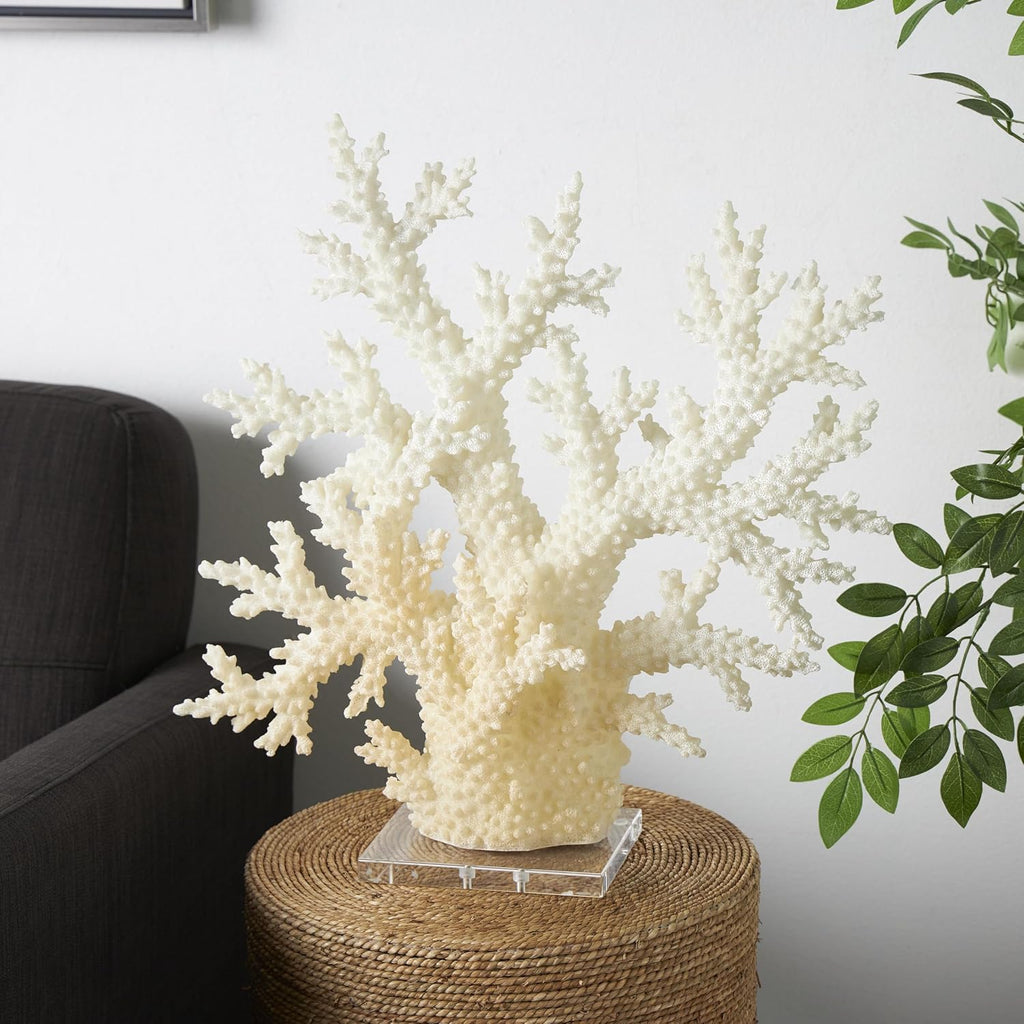 Deco 79 Polystone Coral Decorative Sculpture Home Decor Statue with Clear Acrylic Base, Accent Figurine 21' x 6' x 21', Cream