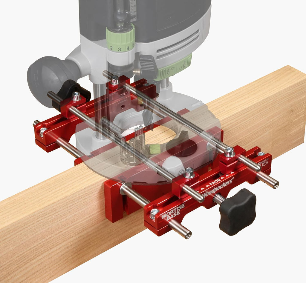 Woodpeckers Mortise Base, Dual-Fence Adjustable Router Base for Precise Mortising and Edge Guiding, Fits Plunge Routers with 1/4' Guide Rods, Aluminum & Stainless Construction, Made in USA MB-14