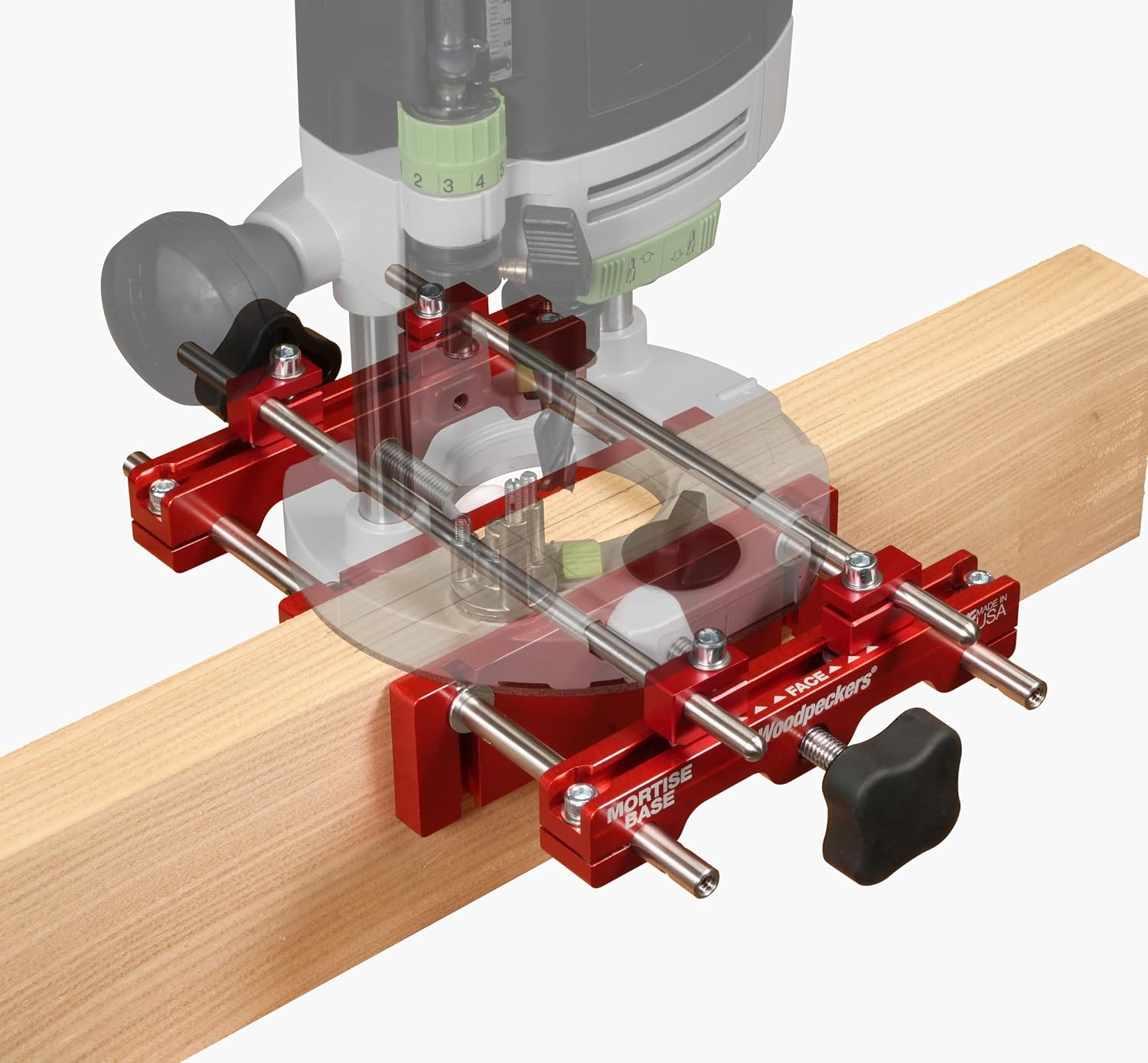Woodpeckers Mortise Base, Dual-Fence Adjustable Router Base for Precise Mortising and Edge Guiding, Fits Plunge Routers with 1/4' Guide Rods, Aluminum & Stainless Construction, Made in USA MB-14