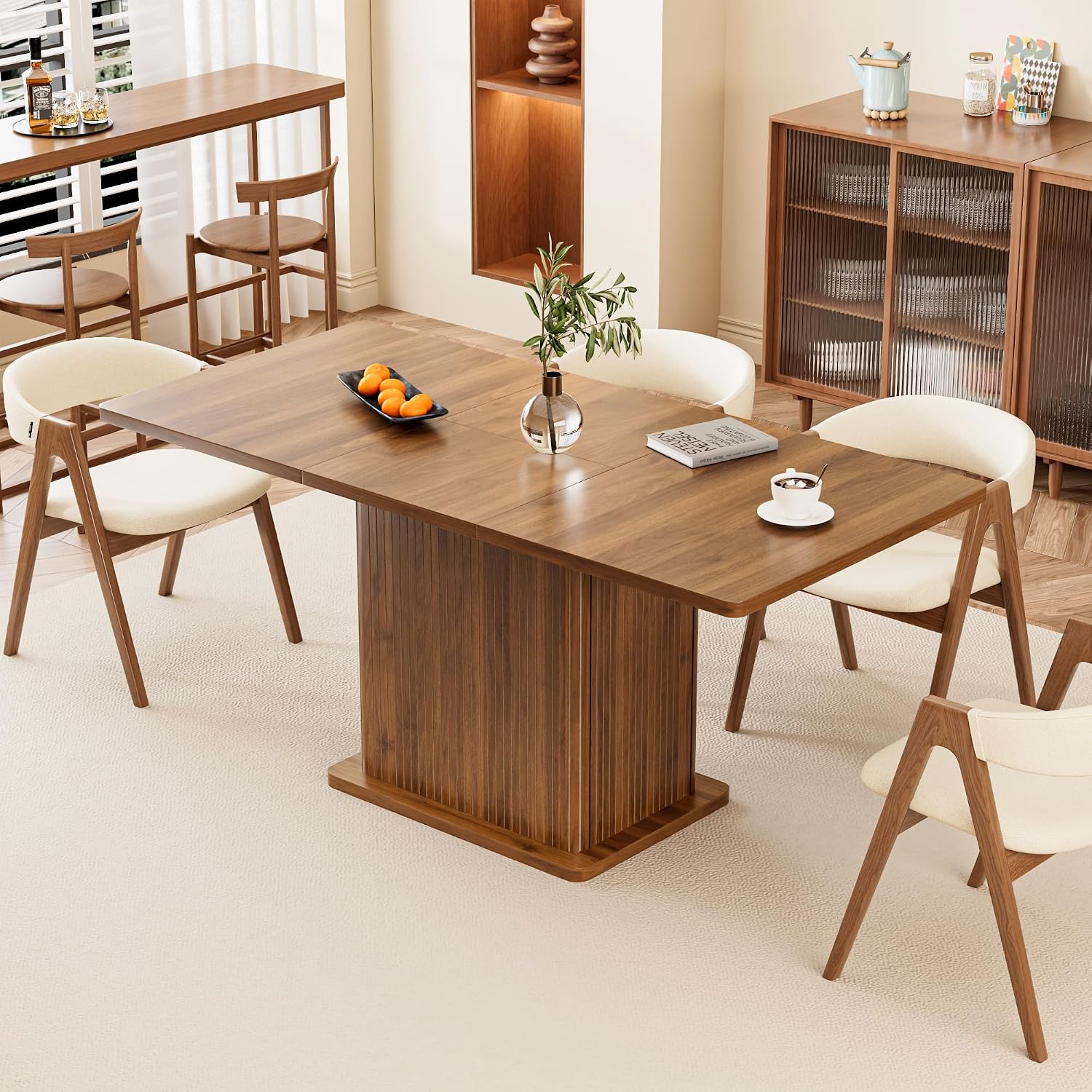 Extendable Kitchen Dining Table for 4-6, 47-65 Inch Rectangle Dining Room Table with 2 Doors, Large Storage, Mid Century Modern Dinner Furniture, Living Room, Space Saving, Square, Fluted, Walnut