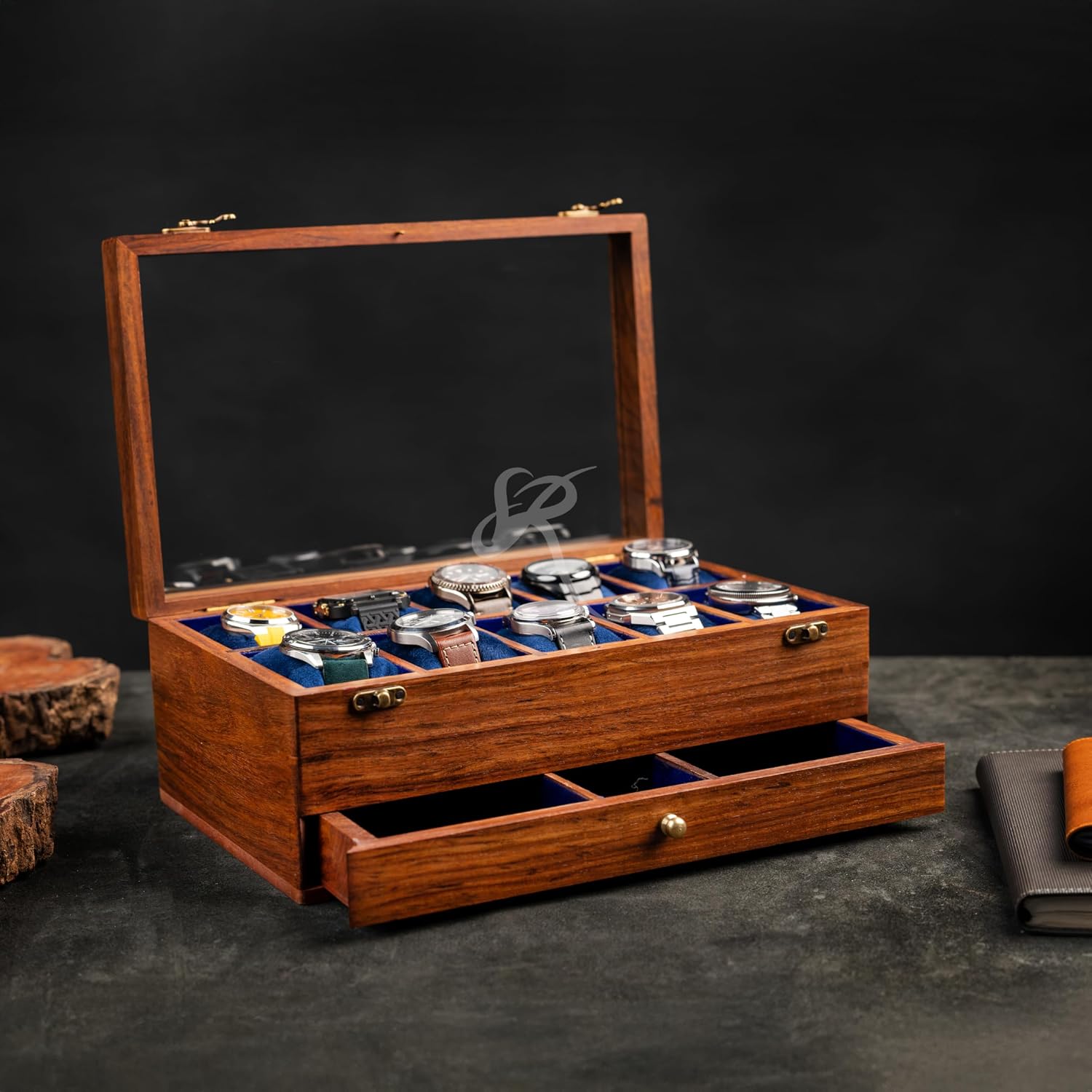 10 Drawer Indian Rosewood Superior Vintage Quality Wooden Mens Watch Display Box Case Organizer Holder | Luxury Timepiece Storage Case | Drawer for wallet, Cufflinks and other Accessories.