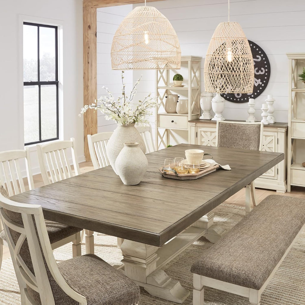 Signature Design by Ashley Bolanburg Farmhouse Extension Dining Table with Removable Center Leaf and Trestle Base, Dark Brown & White