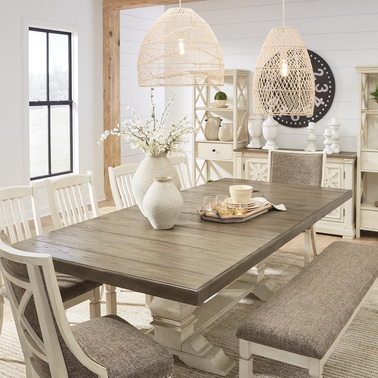 Signature Design by Ashley Bolanburg Farmhouse Extension Dining Table with Removable Center Leaf and Trestle Base, Dark Brown & White