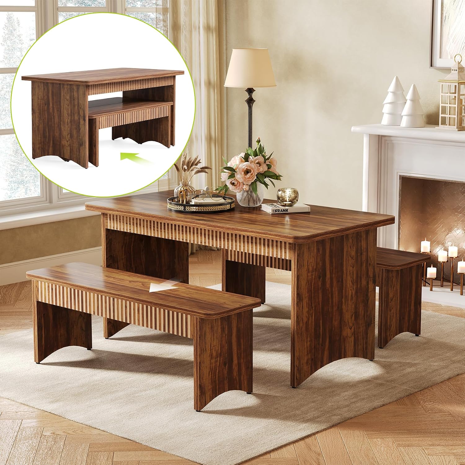 LITTLE TREE 55' Dining Table with 2 Benches, Dining Table Set for 4-6 People, Farmhouse Kitchen Table with Bench, Dining Room Table Set