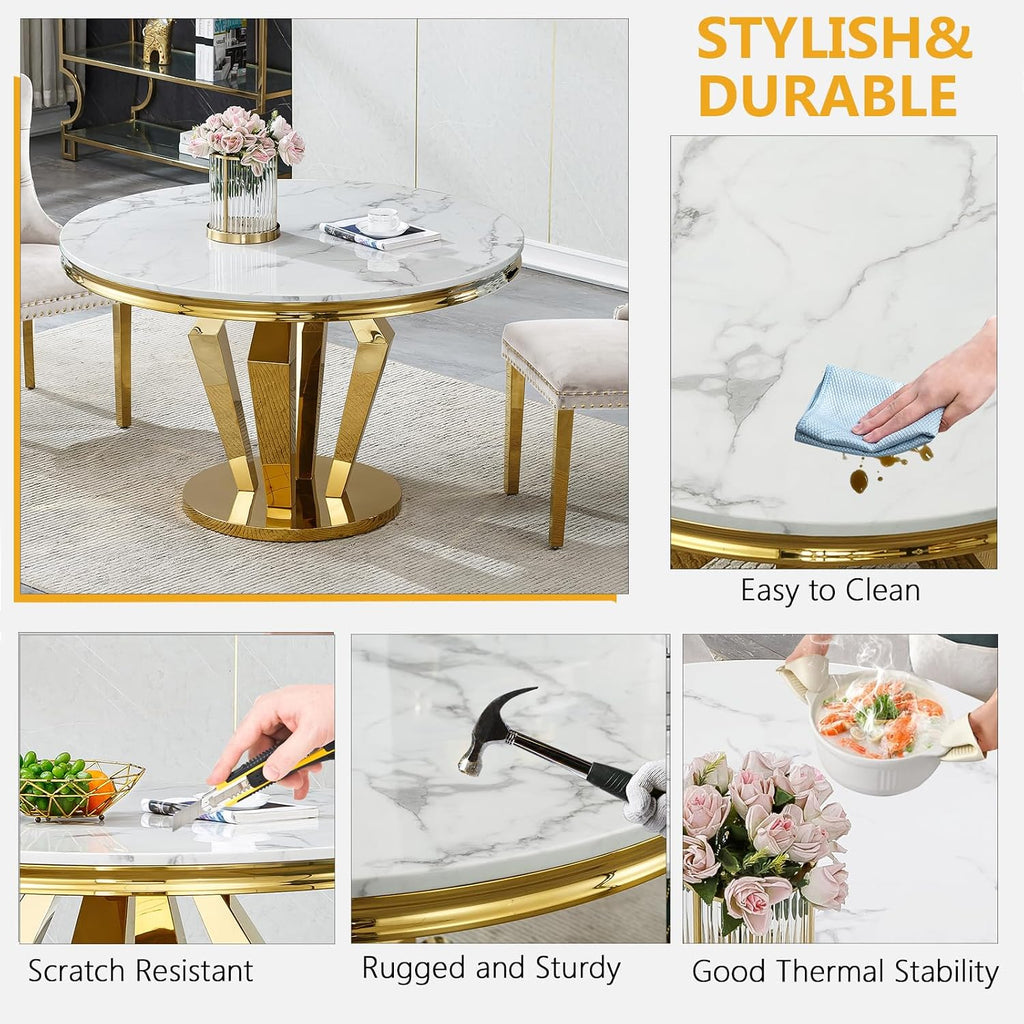 45 in Round Marble Dining Table for 4 to 6, Modern Circular White Faux Marble Kitchen Table with Gold Diamond Stainless Steel Base, Round Kitchen Dining Room Table for Breakfast Dinette Dinner Party