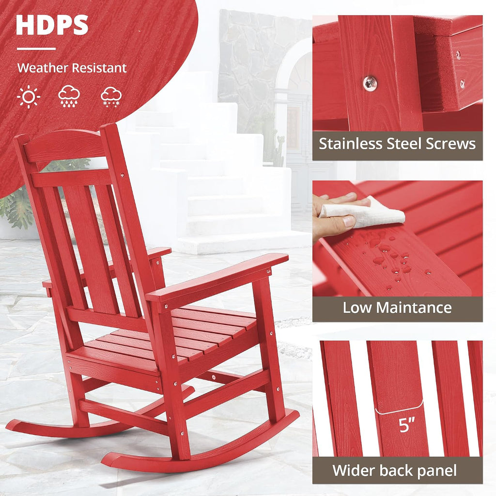 LUE BONA Rocking Chair Outdoor, Weather Resistant Poly Plastic Rocker Chairs, 350lb Heavy Duty, Oversized Porch Rocker for Adult, High Back Smooth Rocking Chairs for Outdoor & Indoor, Bright Red
