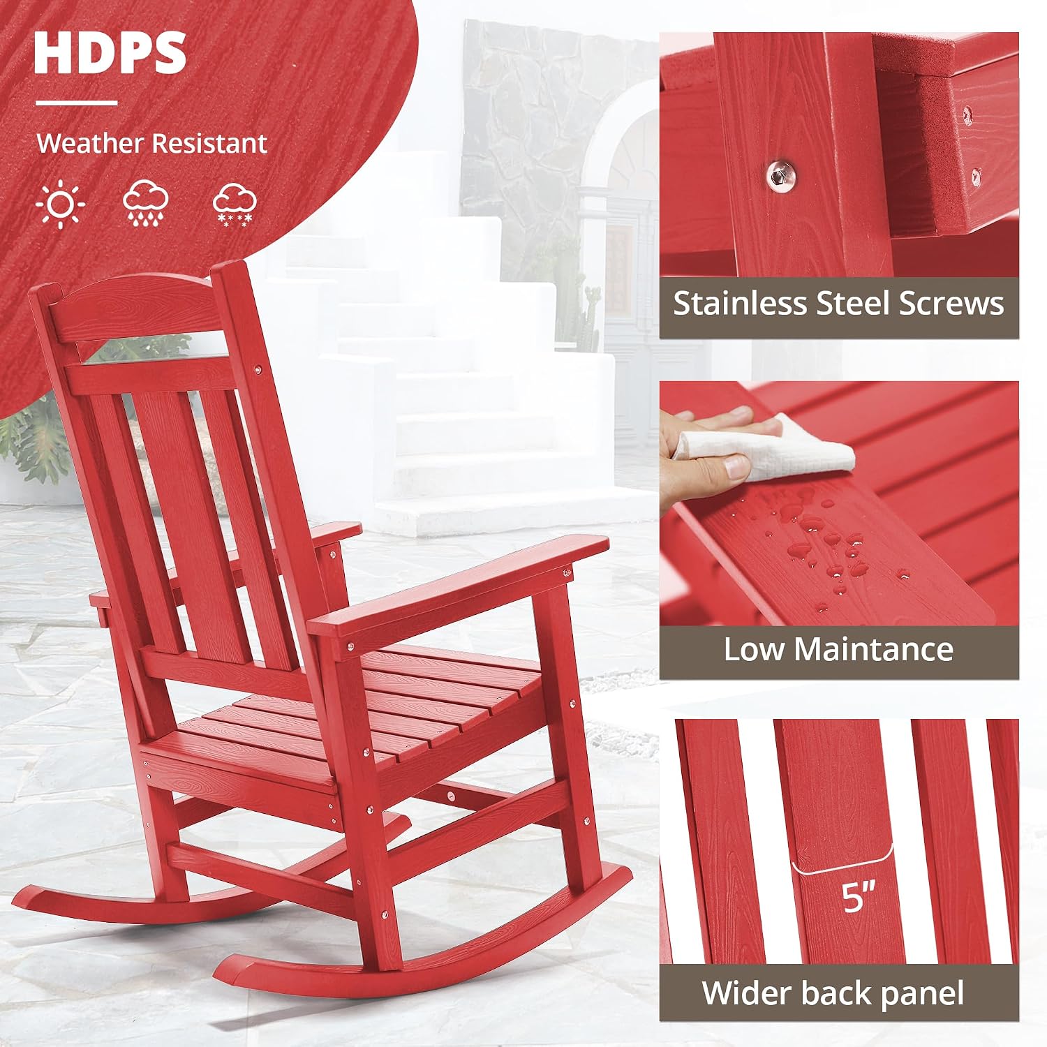 LUE BONA Rocking Chair Outdoor, Weather Resistant Poly Plastic Rocker Chairs, 350lb Heavy Duty, Oversized Porch Rocker for Adult, High Back Smooth Rocking Chairs for Outdoor & Indoor, Bright Red
