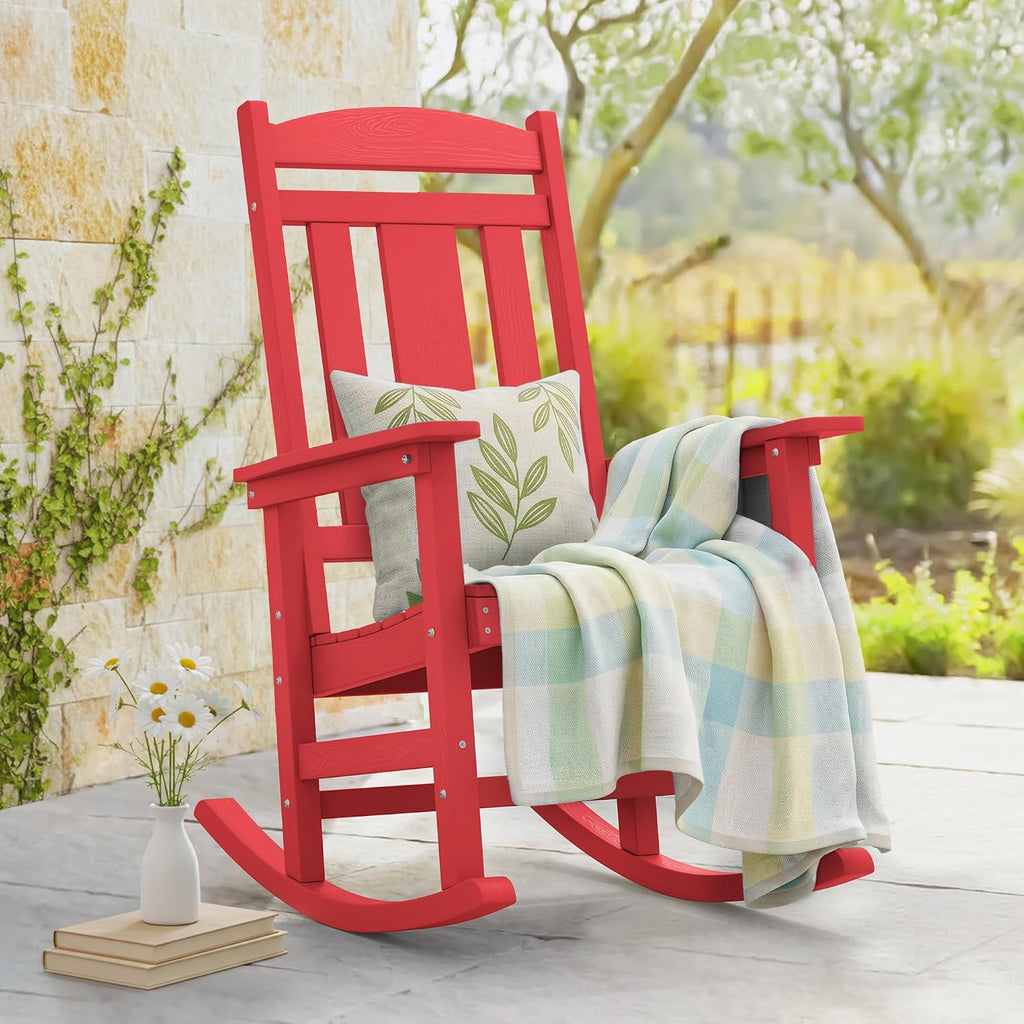 LUE BONA Rocking Chair Outdoor, Weather Resistant Poly Plastic Rocker Chairs, 350lb Heavy Duty, Oversized Porch Rocker for Adult, High Back Smooth Rocking Chairs for Outdoor & Indoor, Bright Red
