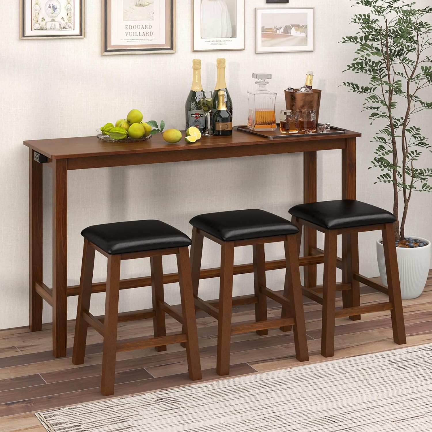 Tangkula 4-Piece Bar Table with Stools, Wooden Dining Bar Table & Chairs Set w/Power Outet, Kitchen Console Table w/ 3 Upholstered Stools for Living Room, Dining Room (Walnut Brown)
