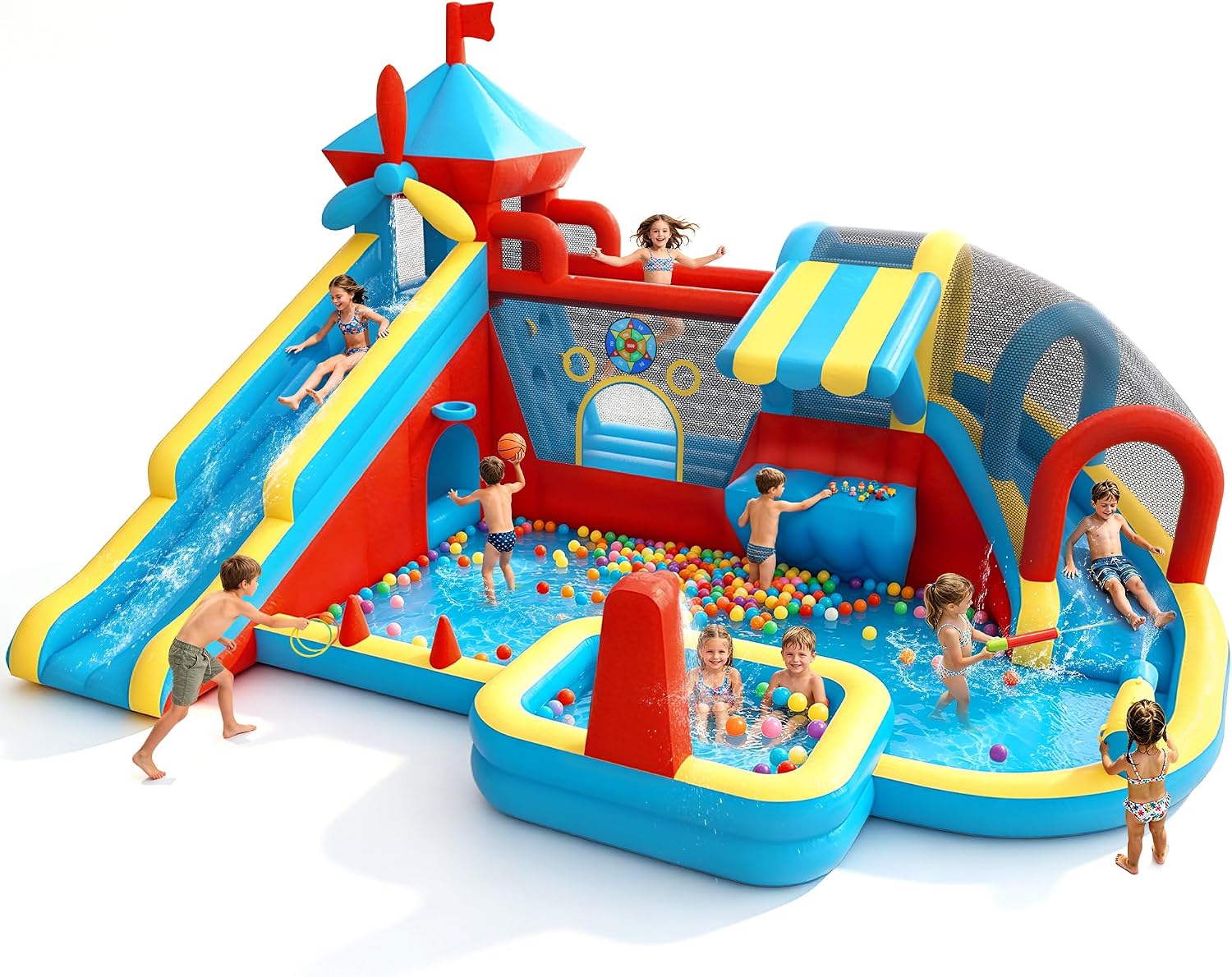 Water Bounce House for Big Kids 8-12, Double Water Slide Bounce House with 750W Blower, Toy Stand, Climbing Wall, Jumping, Water Gun, Splash Pool, Basketball Hoop for Indoor Outdoor Backyard