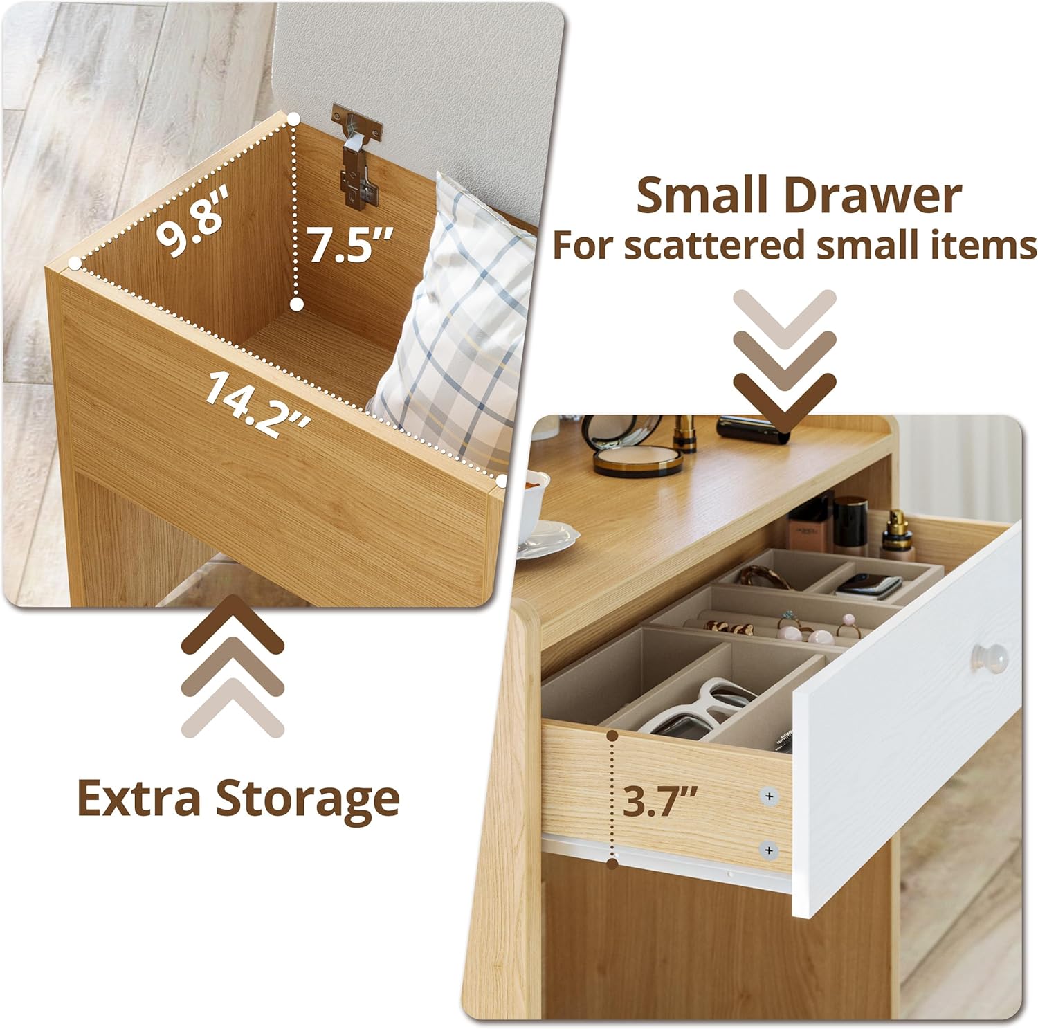 LIKIMIO Small Makeup Vanity Desk with Mirror and Lights, Vanity Table Set with Storage Drawer, Chair and Three Shelves, Bedroom, Wood