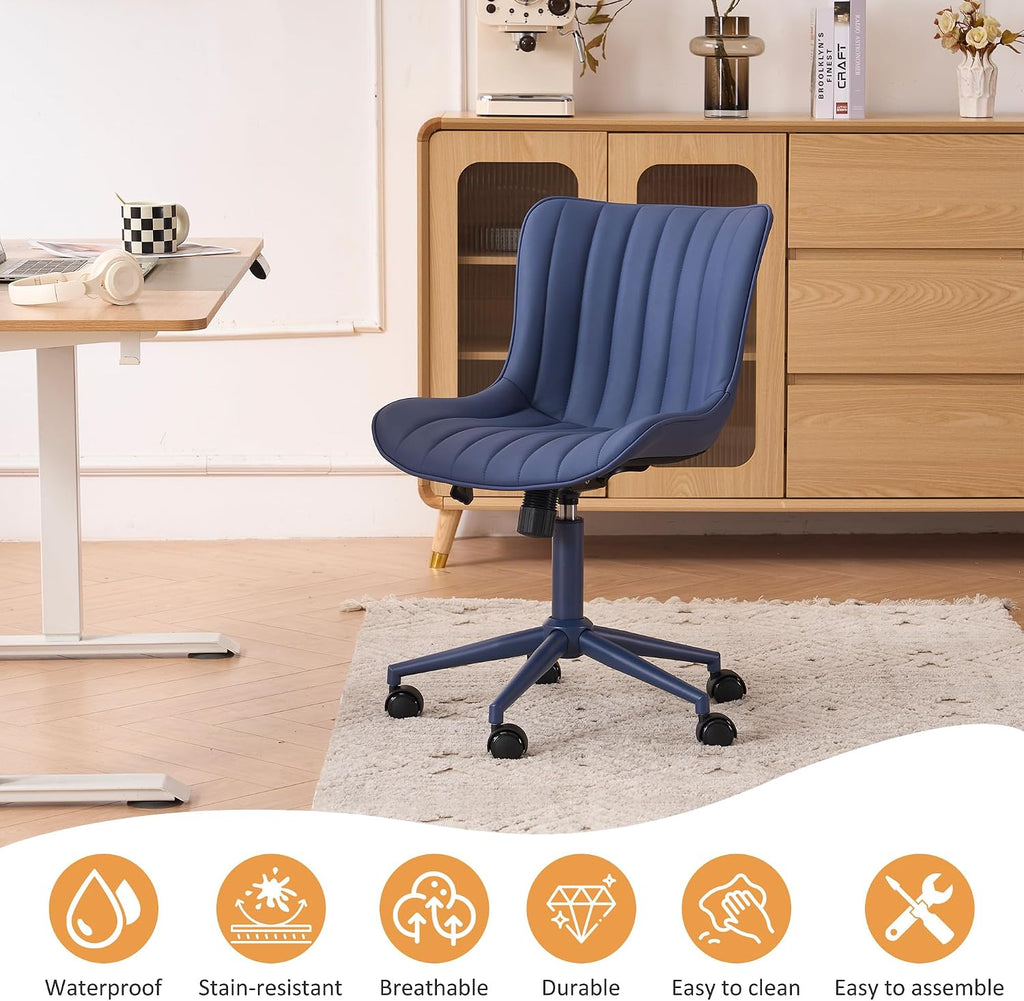 YOUNIKE Office Desk Chair with Wheels Armless Vanity Chair with Back Comfy Leather Upholstered Rolling Task Chair Swivel Small Cute Sewing Chair No Arms Wide Ergonomic Mid-Century Modern Navy Blue