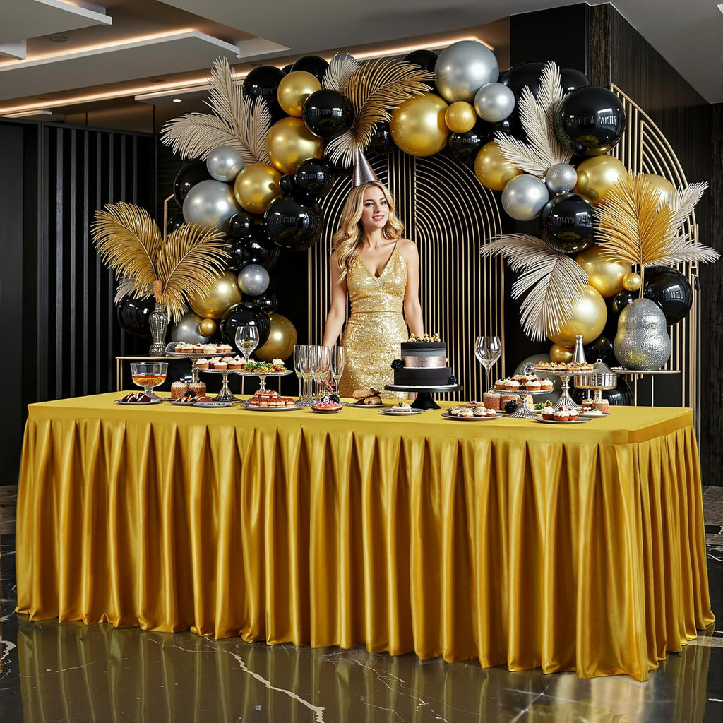 6 Pack 6FT Gold Satin Tablecloths for Rectangle Tables - Shiny Spandex Party Table Cover with Pleated Table Skirt, No-Wrinkle & Glossy Wedding Tablecloth One-Piece for Birthday Baby Shower Banquet