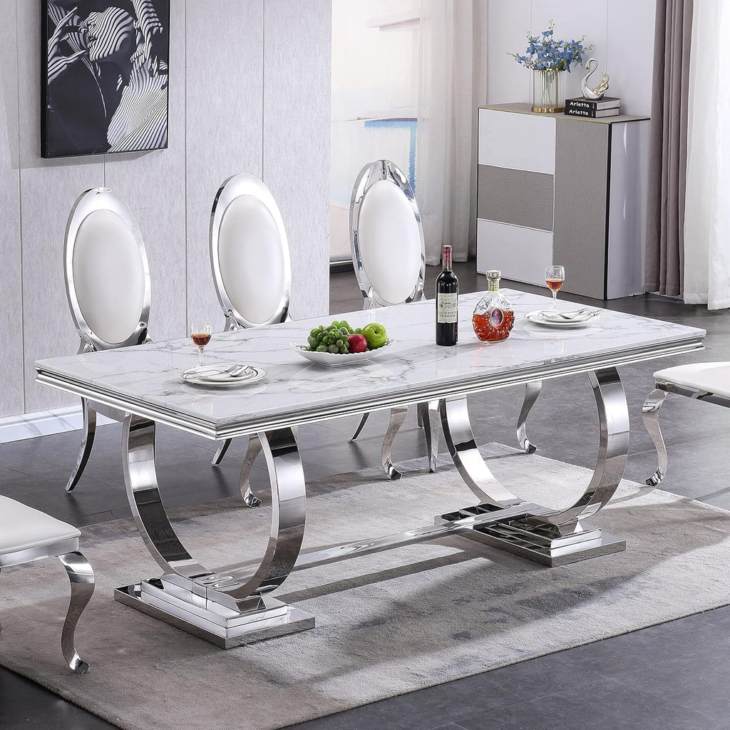 68' White Marble Dining Table for 6-8, Mid Century Modern Dining Table with Faux Marble Top & Silver O Shape Stainless Steel Base,Large Luxury Rectangular Dinner Table for Kitchen Dining Room