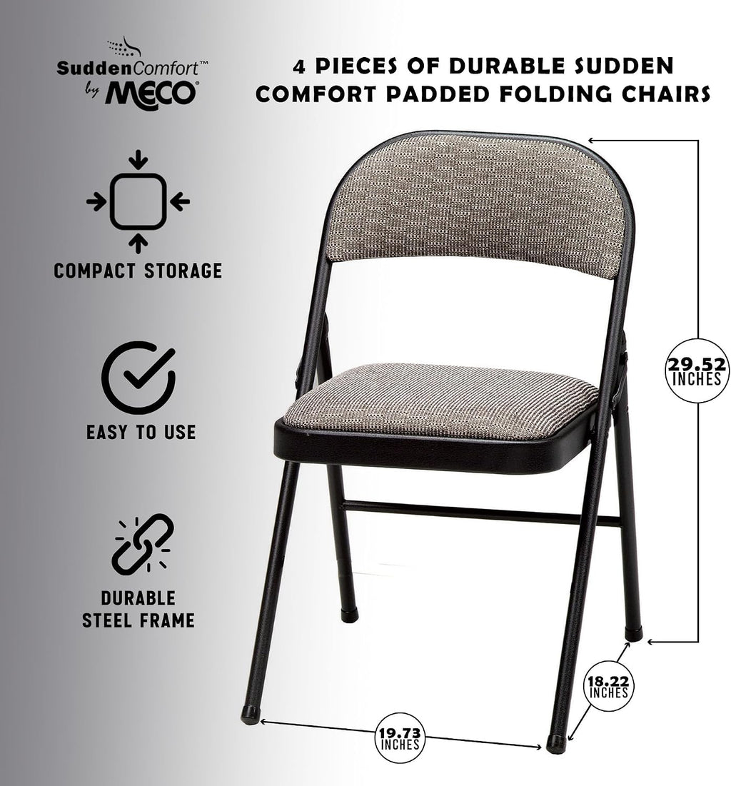 MECO 4-Pack Portable Padded Foldable Chairs, Lightweight and Cushioned Metal Fabric Folding Chair, Sudden Comfort, Black - Compact and Collapsible Furniture for Indoor and Outdoor Use