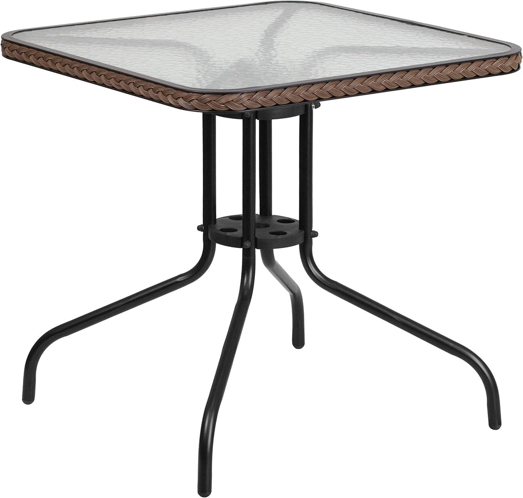 Flash Furniture Lila 3-Piece 28' Square Indoor/Outdoor Patio Table and Chairs Set, Glass Metal Bistro Table and 2 Stacking Rattan Chairs, Brown