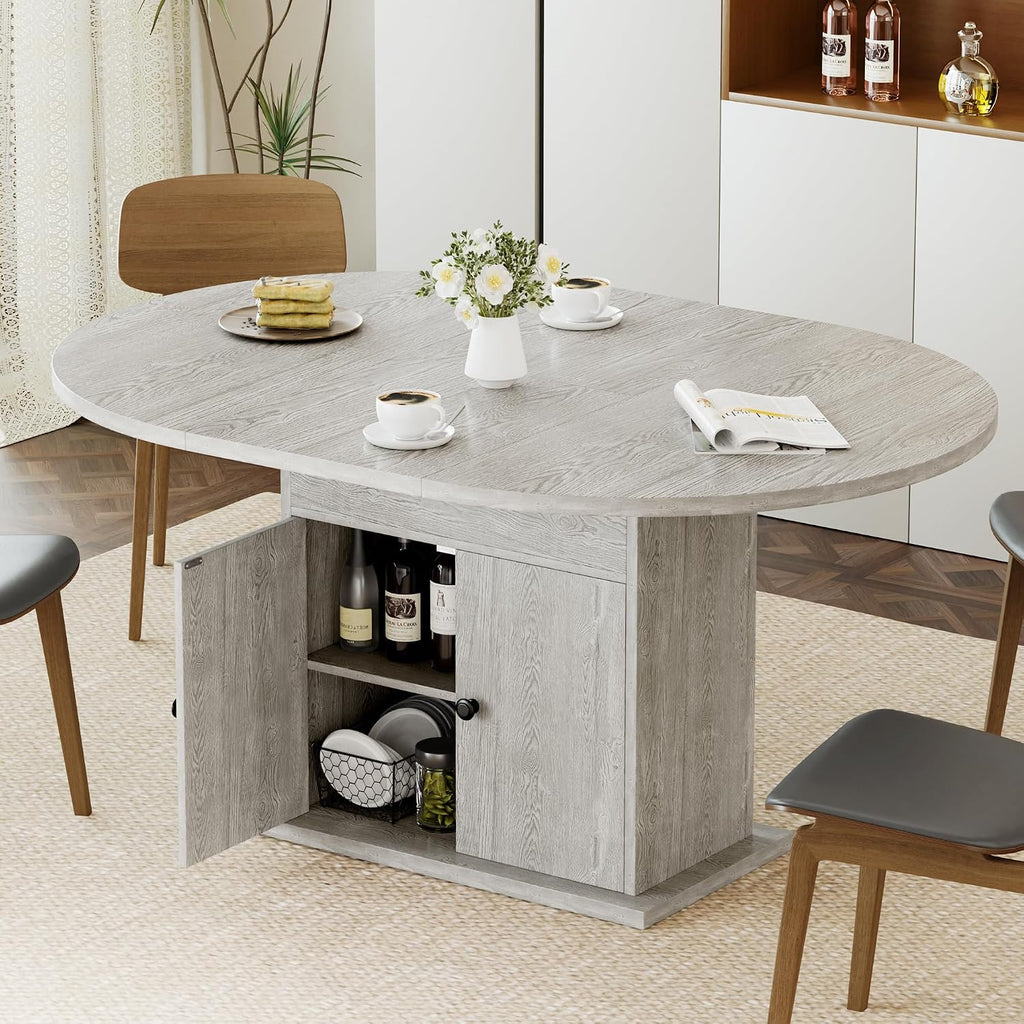 43.3in-59in Extendable Round Dining Table for 4-8, Modern Expandable Kitchen Oval Dining Table, Space Saving Circle Dining Room Table with Storage Shelf for Kitchen Living Room (Grey)