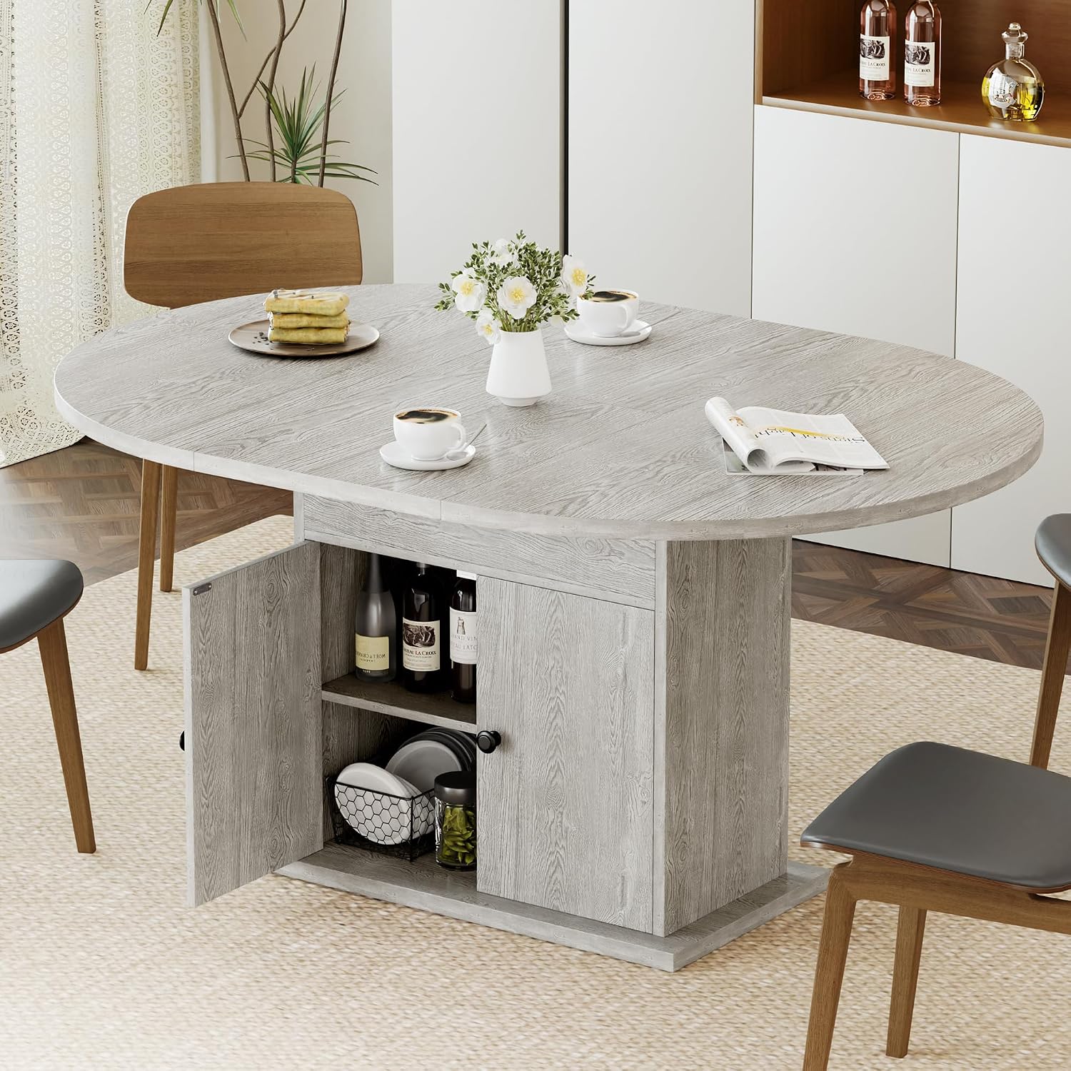 43.3in-59in Extendable Round Dining Table for 4-8, Modern Expandable Kitchen Oval Dining Table, Space Saving Circle Dining Room Table with Storage Shelf for Kitchen Living Room (Grey)