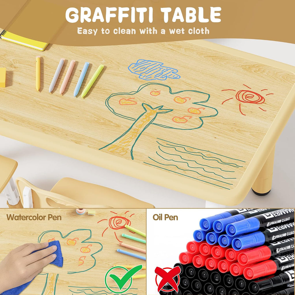 Brelley Kids Table and 6 Chairs Set, Height Adjustable Toddler Desk and Chair Set, Graffiti Desktop, Classroom/Daycare/Home, Children Multi-Activity Table for Ages 2-8