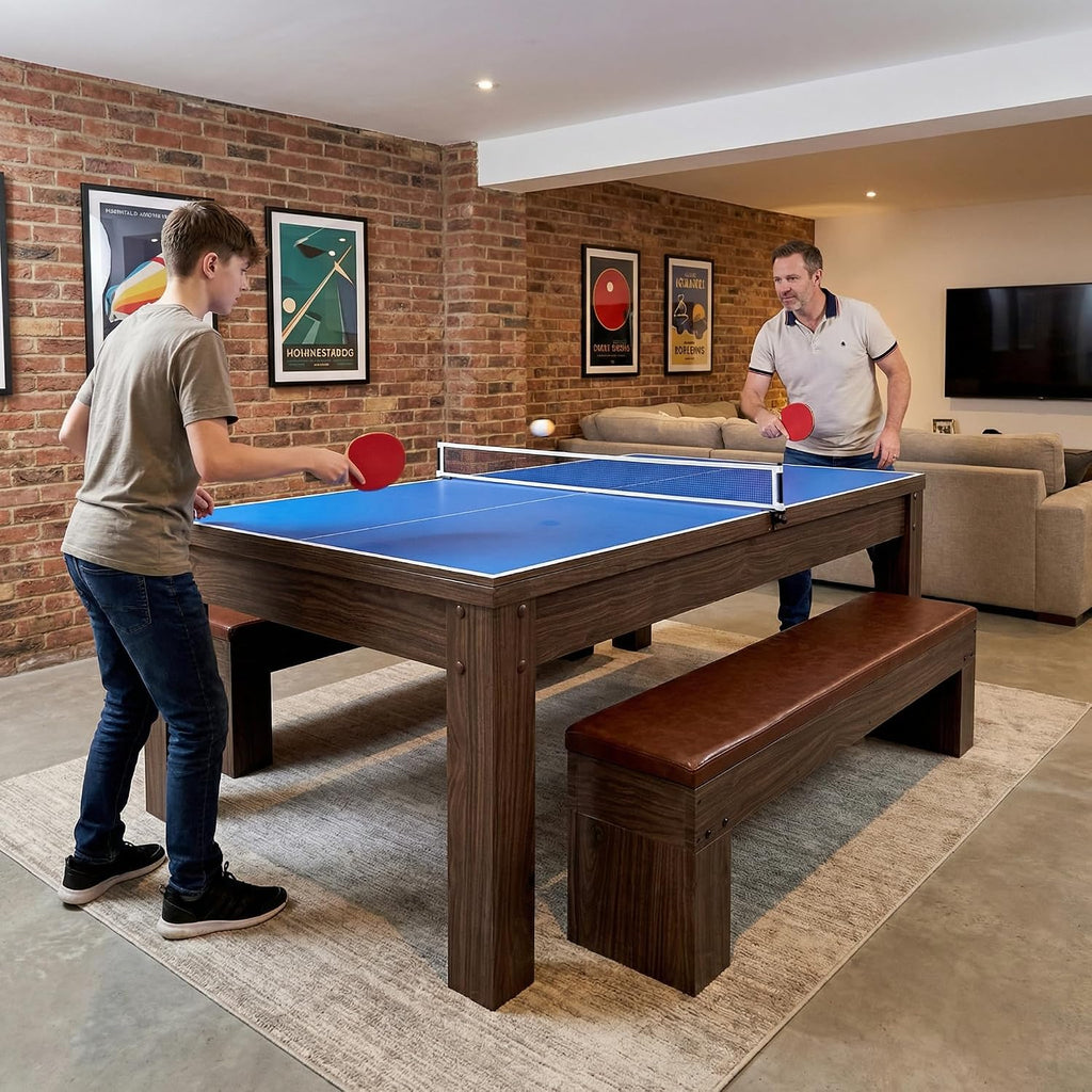8ft Dining Pool Table Combo with Game Accessories, 3-in-1 Multi-Functional Game Table with Ping Pong & Dining Top & 2 Benches, for Play & Dining