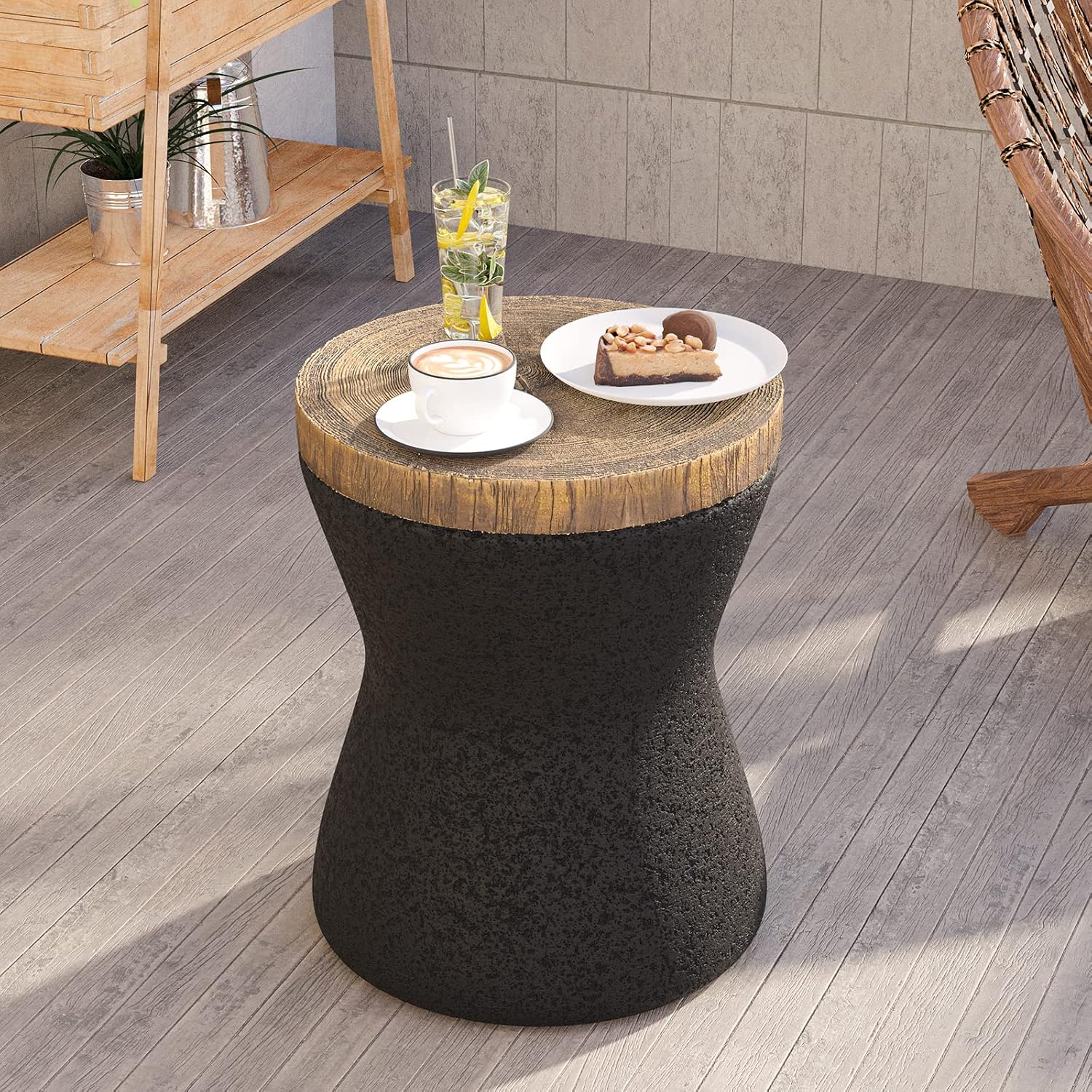 HOMPUS Outdoor Concrete Side Table Sets of 2, 2 Pieces Black Round Patio End Table, Small Outdoor Accent Table, Hourglass Shaped Garden Stool for Patio, Outside, Black