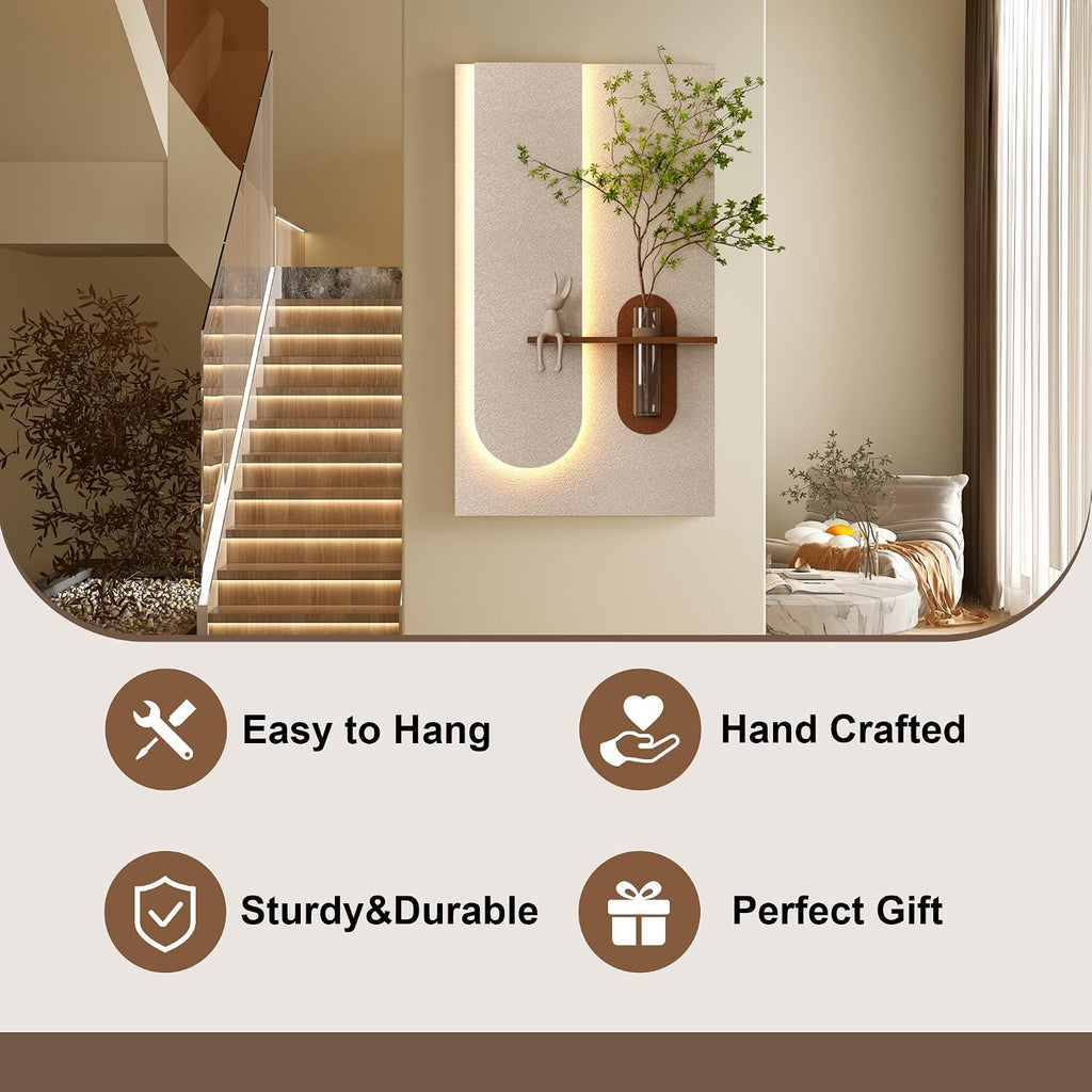 Montary 3D Sandstone Entryway Decor Art Painting, Modern LED Wall Decor Sculpture with Artificial Plants, Glass Vase & Rabbit Statue, Remote Control 3-Color Light for Living Room, Bedroom, Hallway