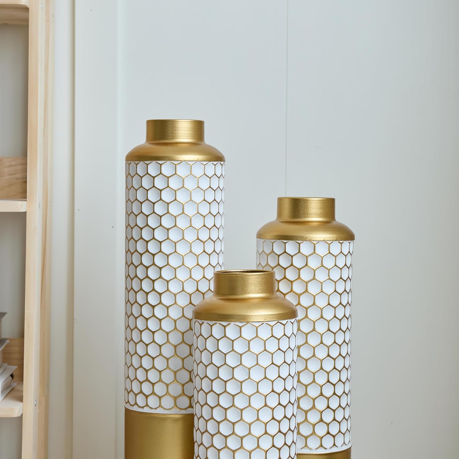 Floor Metal Vase Modern Style Decoration Home, Metal Vase 3-Piece Set for Living Room, Entryway & Office Decor, Rustproof Tall Standing Home Décor (Gold+White Hexagon)