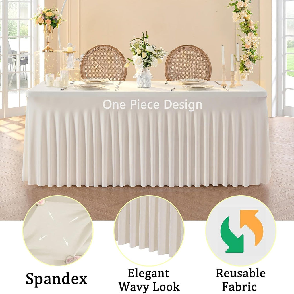 6pk Ivory Spandex Tablecloths for 6 Foot Rectangle Tables, Stretch Table Cloths 6 ft Fitted Tablecover Desk Skirt for Parties Weddings Birthday Banquet Baby Shower