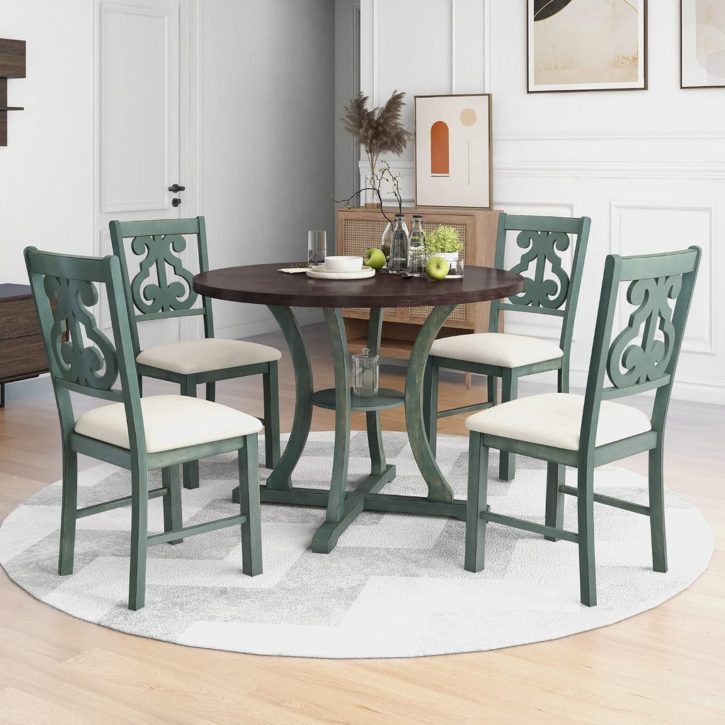 Harper & Bright Designs 5-Piece Round Table Set with Shelf, Wooden Family Dining Table