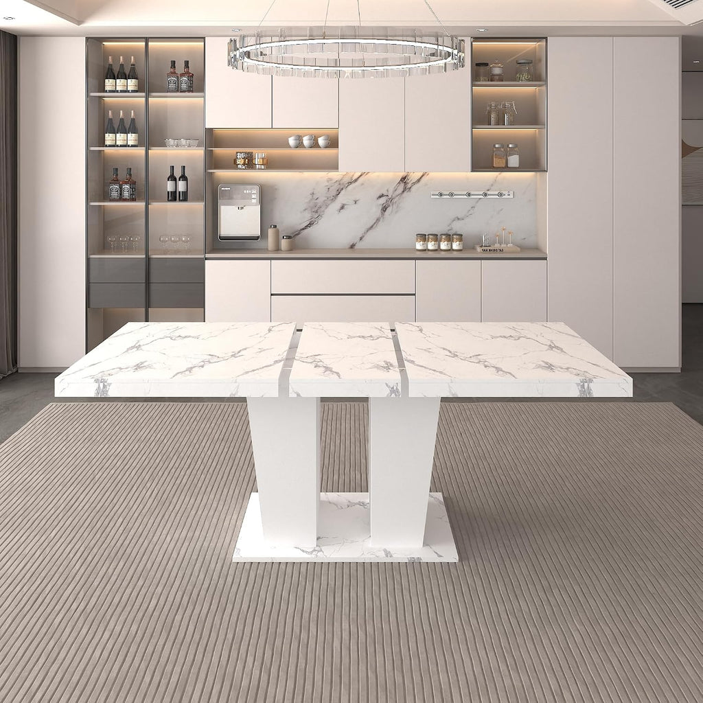 78.74'' Extendable Rectangular Dining Table for 4-8, Modern Mid-Century Wood Expandable Kitchen Dinner Conference Table for Living Room Office, 2 Widen Pedestal Base, White Faux Marble