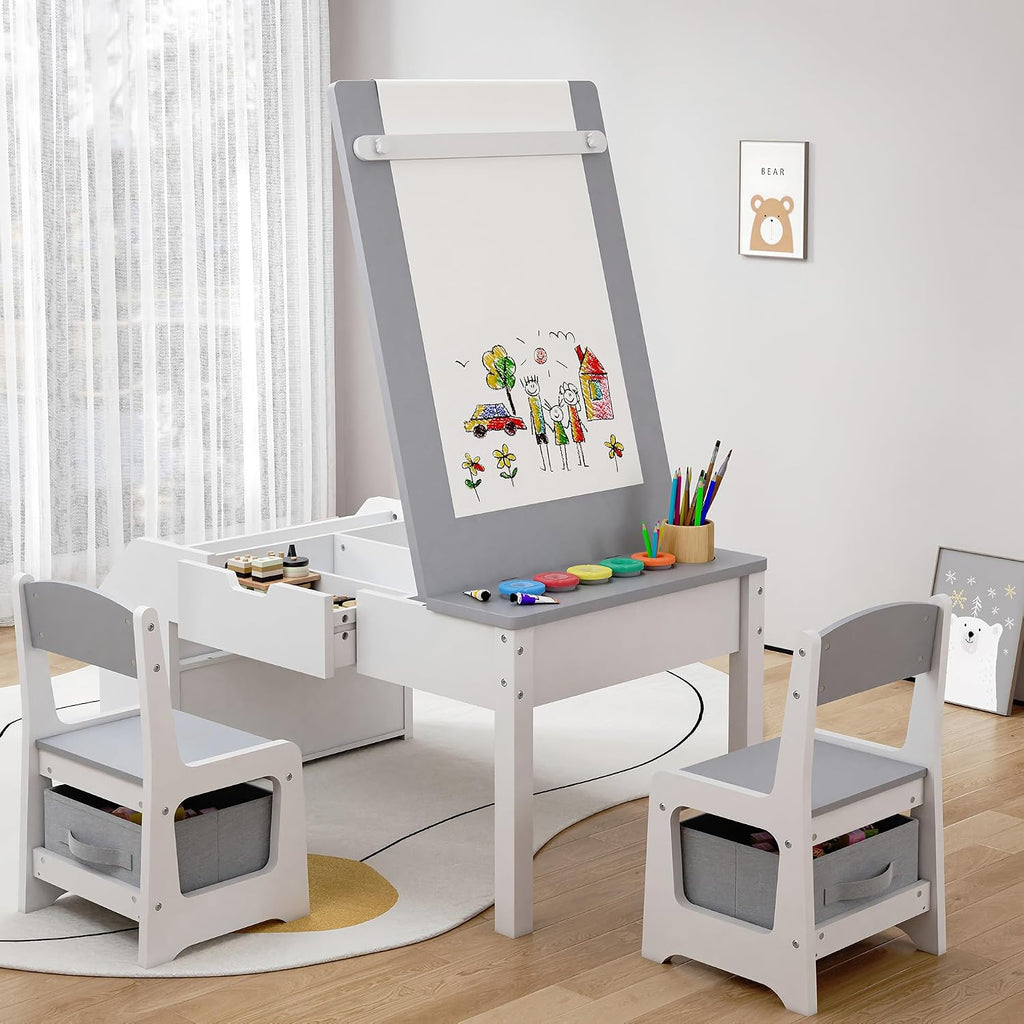 5-in-1 Kids Art Table and Chairs, Toddler Table and Chair Set, Craft Play Desk for Kids, Convertible Art Easel with Paper Roll Holder & Storage Drawers, Children Activity Learning Center-Light Grey