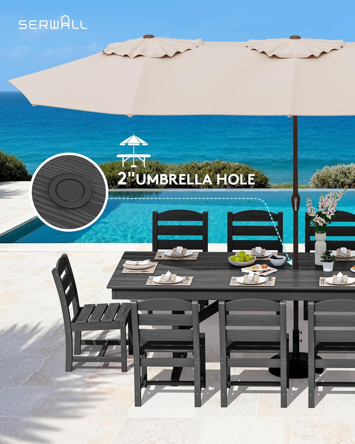SERWALL Outdoor Dining Table, 84' Rectangular Dining Table for 6-10 Person, All Weather HDPE Outdoor Furniture for Backyard, Garden, Black