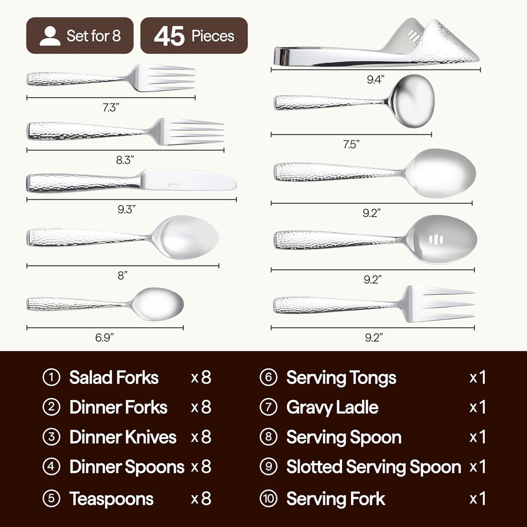 Luciella Ponza Flatware Set for 8, 45-Piece Stainless Steel Silverware Set with Serving Utensils, Timeless Hammered Design, Rust-Resistant, Mirror Polished & Dishwasher Safe, House Warming Gifts