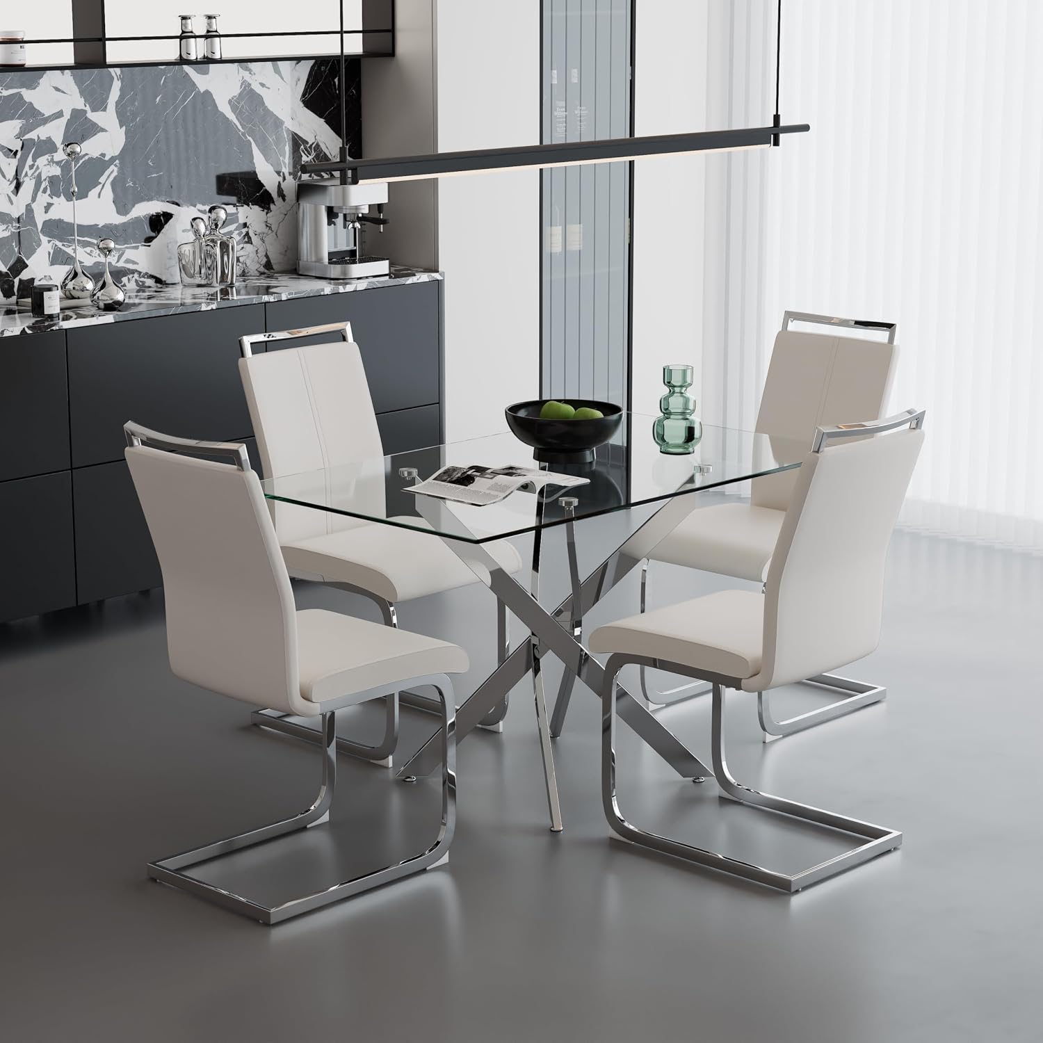 5 Piece Glass Dining Table Set for 4, Modern Tempered Glass Top Kitchen Table and Chairs Set, 4 Upholstered Chairs and Faux Leather Cushions, Space-Saving Small Apartment Dining Set