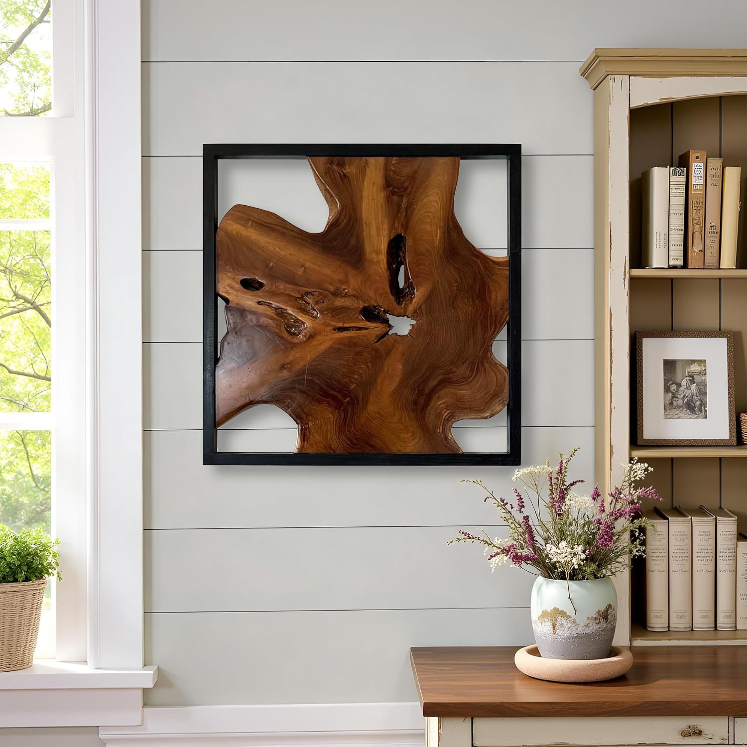 Warmaxx Rustic Teak Wood Wall Art 27.8'L x 27.8'W x 2.3' Thickness Farmhouse Framed Wall Art Aesthetic Decoration Square Home Office Dorm Handmade Freeform Pattern Natural Wall Décor Living Room Bedroom Hallway