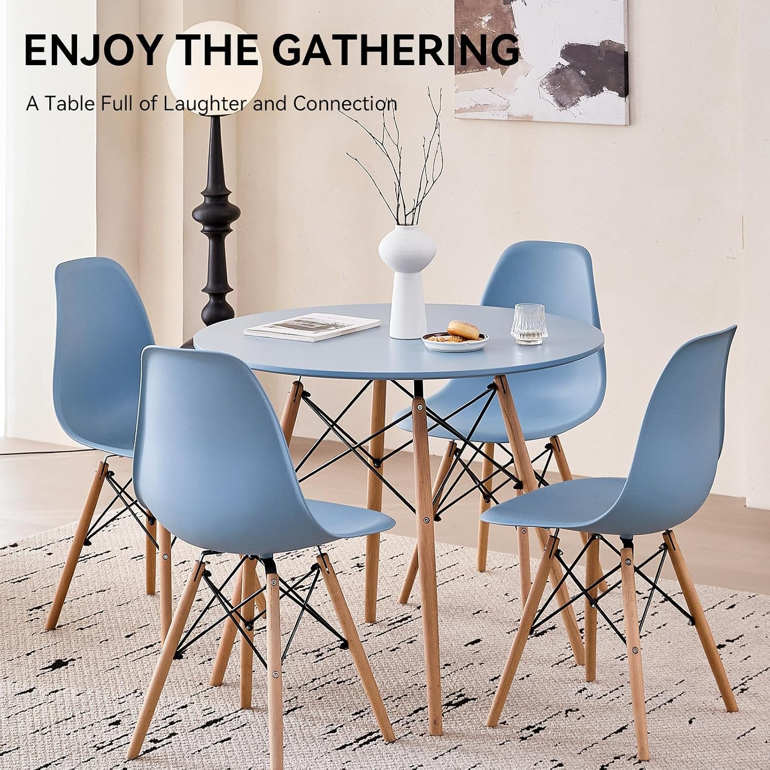 5-Piece Round Dining Table Set, Small 35.5' Kitchen Table Chairs Set of 4 Space Saving Furniture, Plastic Seats, Solid Wood Legs, for Living Room Apartment Office Home, Blue