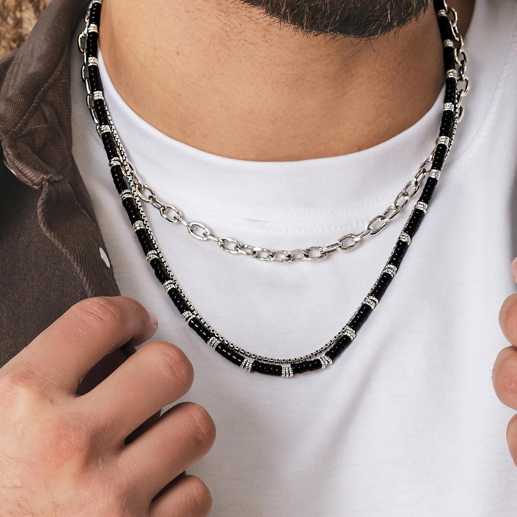 JEAN RACHEL JEWELRY Men's 3-Piece Necklace Layering Set - Hammered Link Chain, Sleek Box Chain & Black Onyx Beads - Midnight Bundle