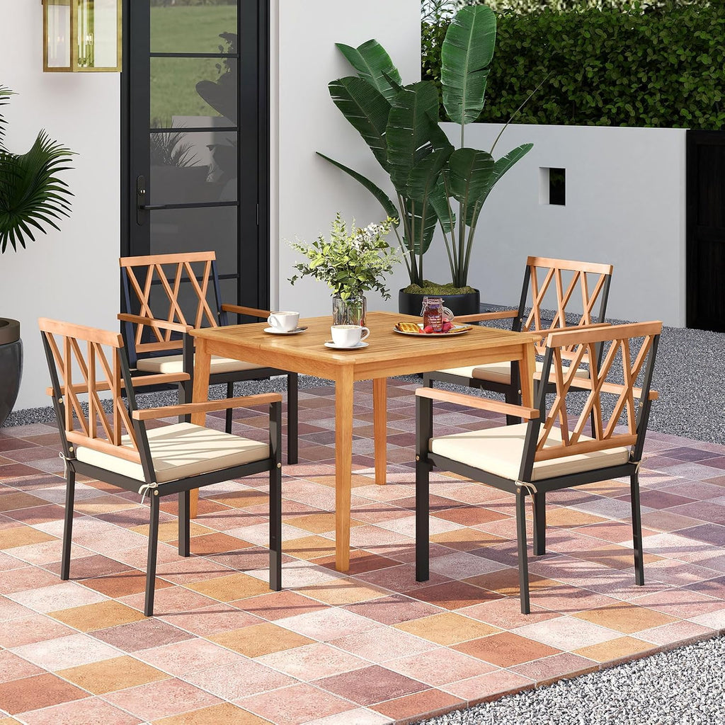 Tangkula 5 Piece Wood Outdoor Dining Set for 4, Rectangular Patio Acacia Wood Table Set with 4 Cushioned Chairs, Umbrella Hole, Heavy Duty Metal Frame for Deck Porch Backyard