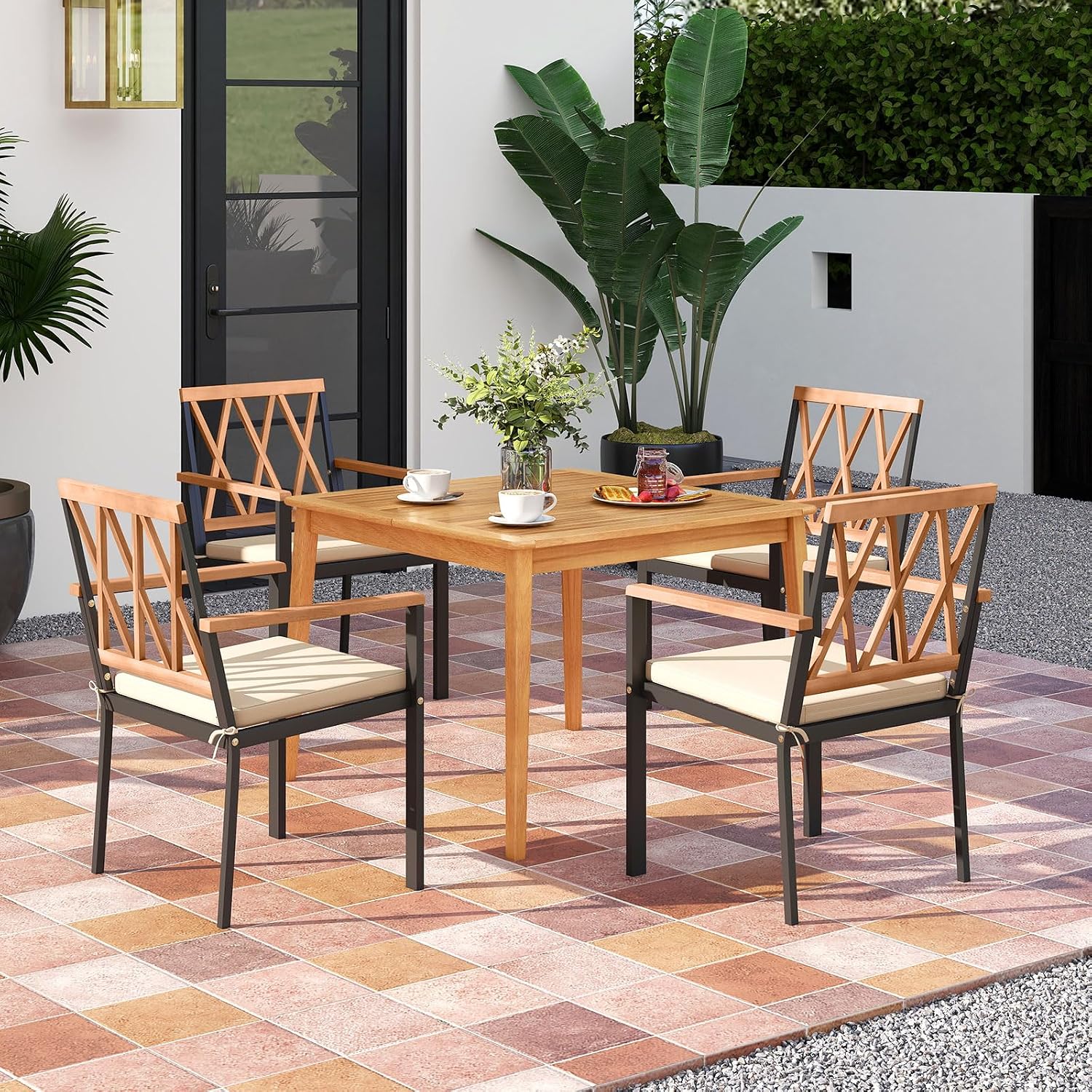 Tangkula 5 Piece Wood Outdoor Dining Set for 4, Rectangular Patio Acacia Wood Table Set with 4 Cushioned Chairs, Umbrella Hole, Heavy Duty Metal Frame for Deck Porch Backyard