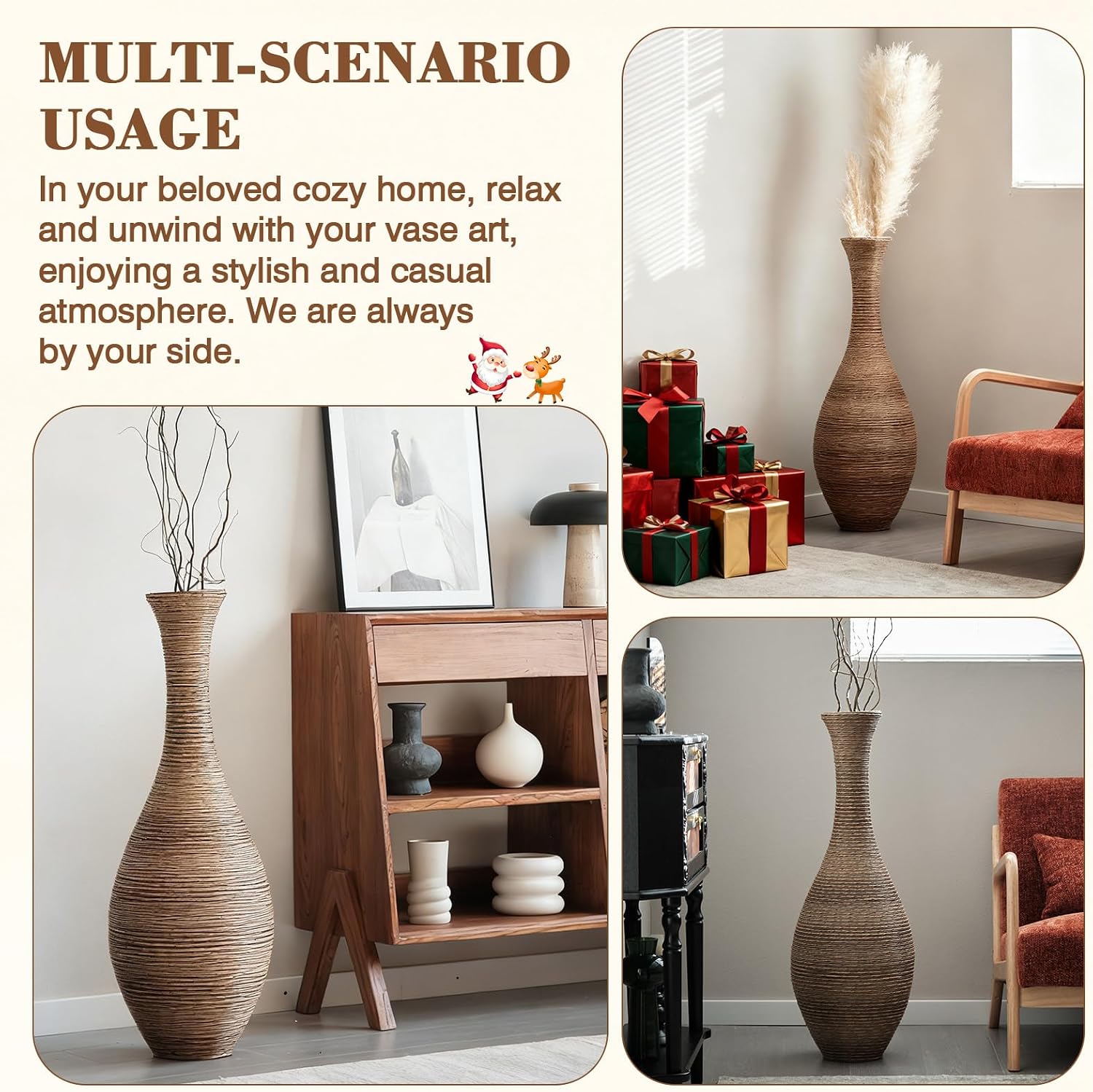 40' Tall Large Rattan Standing Floor Vase Modern Decorative Accent Flower Holder Floor Vase for Living Room Entryway Dining Room Stylish Home Décor Statement Piece (Beige+Grey)